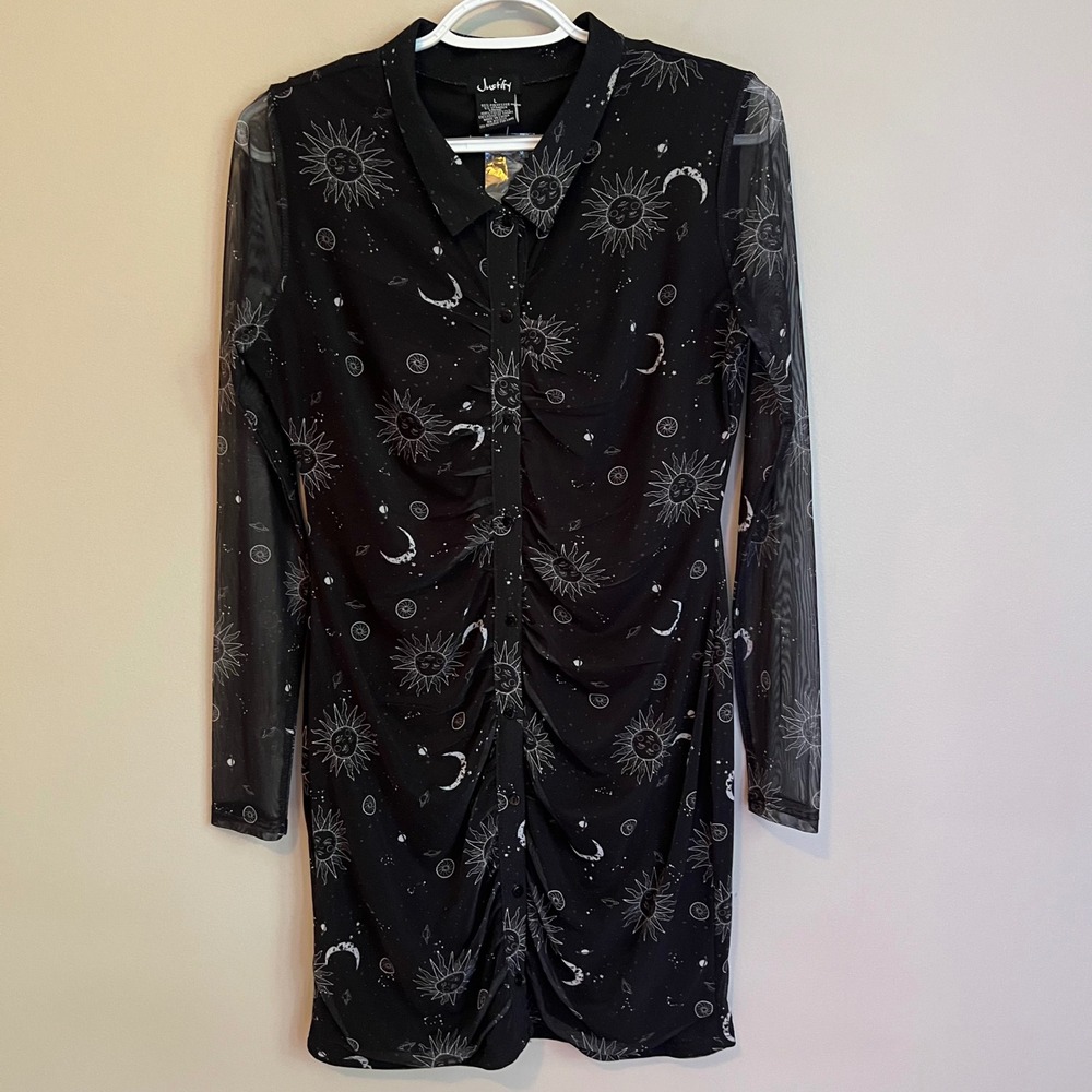 Justify Y2K Celestial Sun Moon Mesh Ruched Mini Dress Black White L Whimsigoth